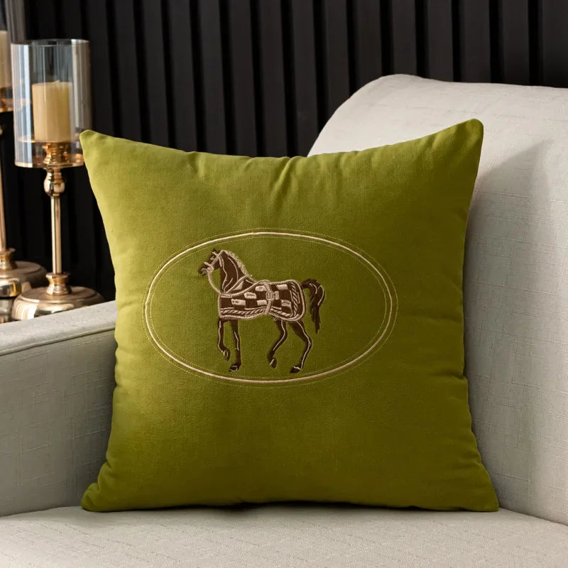 Elegant American Hand-Embroidered Cushion Cover with Horse Design, Perfect for Sofa Home Office Living Room or Car Size 45x45cm